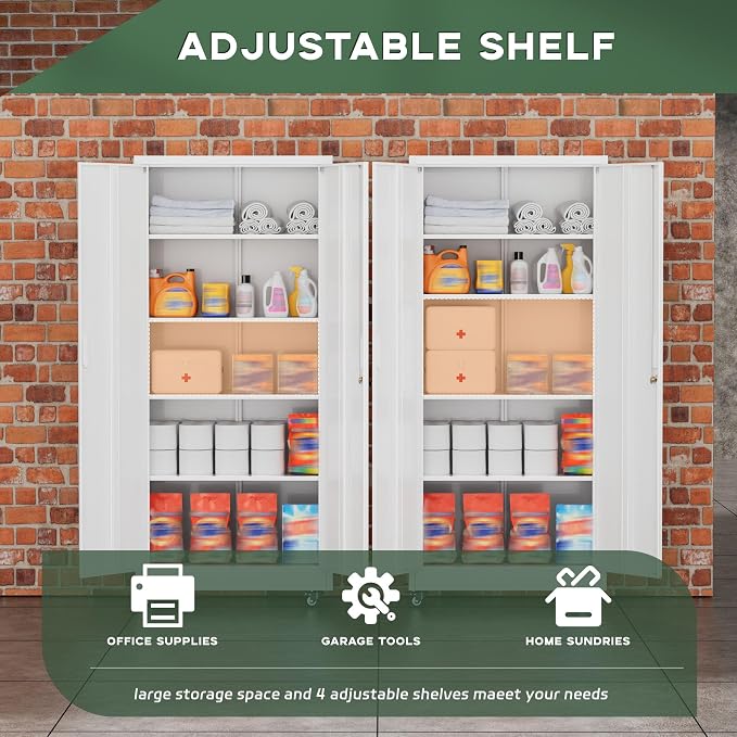 Greenvelly White Metal Storage Cabinet with Wheels, 73" Steel Garage Rolling Cabinet with Doors and 4 Shelves, Tall Locking Cabinets Tool Lockable Storage Cabinets for Basement, Pantry, Home Office