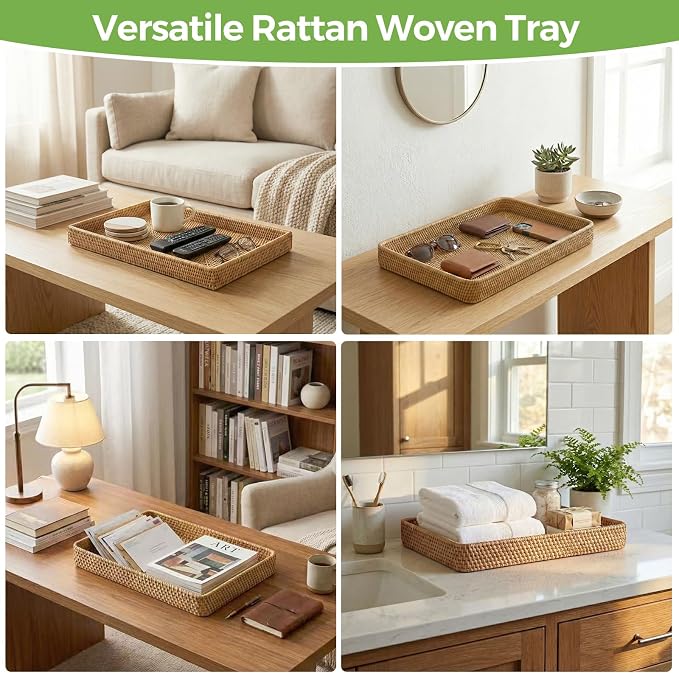 Rattan Serving Tray, Rectangle Wicker Storage Basket for Organizing | M(14.6" × 9.1"), Natural Rattan, Decorative Woven Trays Wicker Baskets for Storage, Home Decor, Bathroom, Kitchen Counter