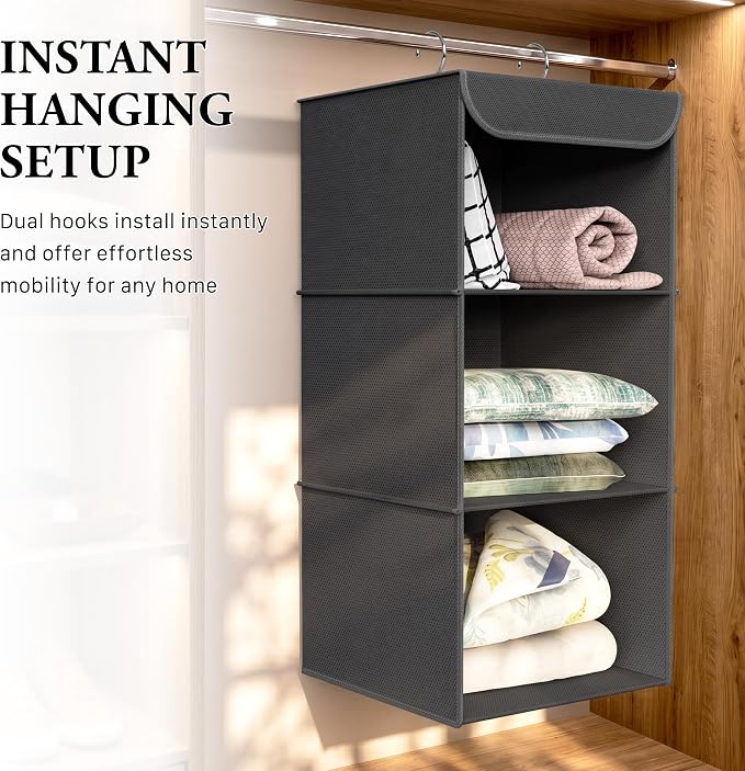 Simple Houseware 3 Shelf Hanging Closet Organizer, Dark Gray | 360° Rotating Dual Hooks, Top Support Metal Frame