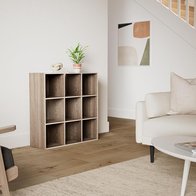 JupiterForce 9 Cubes Bookcases Storage Organizer, 3-Tier Wooden Open Bookshelf Cabinets with Removable Back Panels for Home, Office, Living Room(Natural)