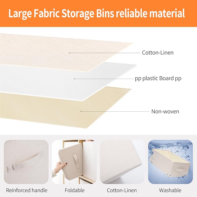 Linen Folding Storage Bins, 3 Pack Large Storage Baskets, Washable, Clothing Storage Bins with Handle, Closet Organizer for Storage Sweater,Sheets(Beige, 18½"x13½"x8½")