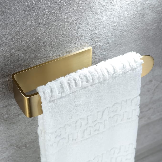 Taozun Gold Towel Holder Adhesive Hand Towel Bar Rack Brushed Brass Finish | Towel Ring, Stainless Steel, Rustproof, No Drill, Strong Stick, Rustproof, Sleek Nodern Look, Renter/RV Friendly, 7.9 Inch