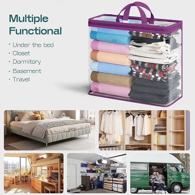5PACK Clear Zippered Storage Bags for Clothes, 22L Closet Organizers Bag, and Blanket Storage Bags for Bedding, Linen, Blankets, Comforters, Clothing & Toys (Purple)