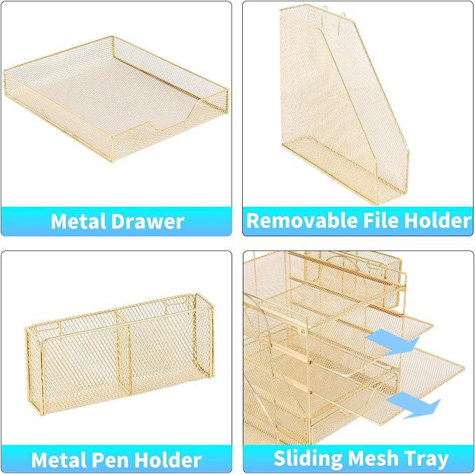 Desk Organizers and Accessories, 5-Tier Paper Letter Tray Organizer with File Holder, Drawer & Pen Holder, Office Desk Accessories, Desktop Organizer for Classroom Office Supplies, Gold