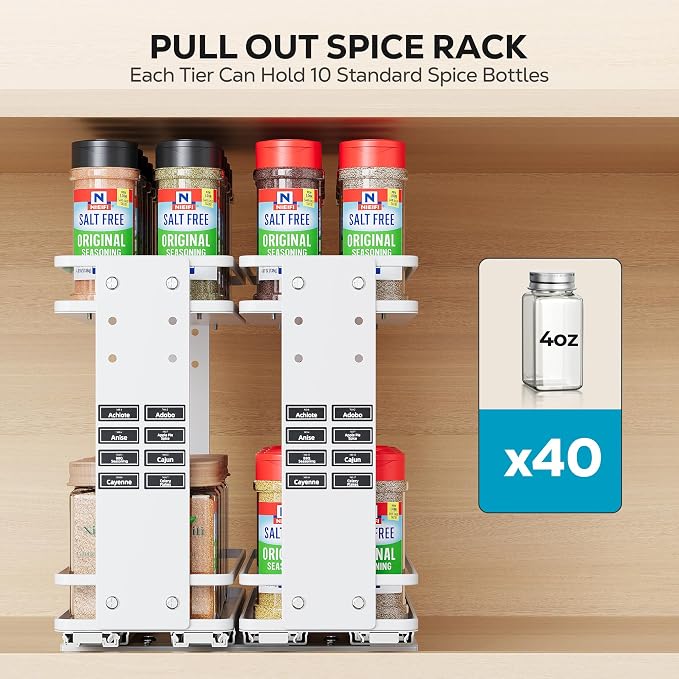 Nieifi Pull Out Spice Rack Organizer, 2 Tiers, White | Spice Organization for Cabinet, Height Adjustable, Easy to Install
