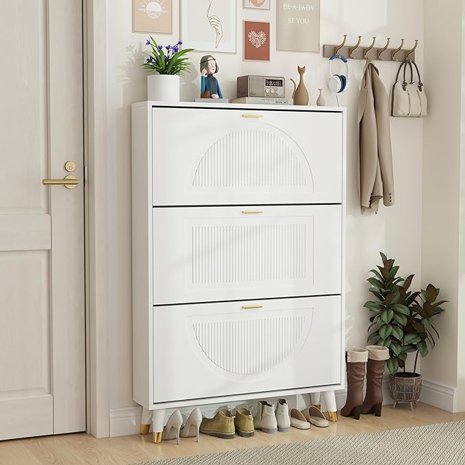 White Shoe Storage Cabinet: 32" Ultra Thin Small Shoe Cabinet for Entryway, Modern Slim and Narrow Hidden Shoes Rack Organizer with Doors and 3 Flip Drawer (1 Piece, 32")
