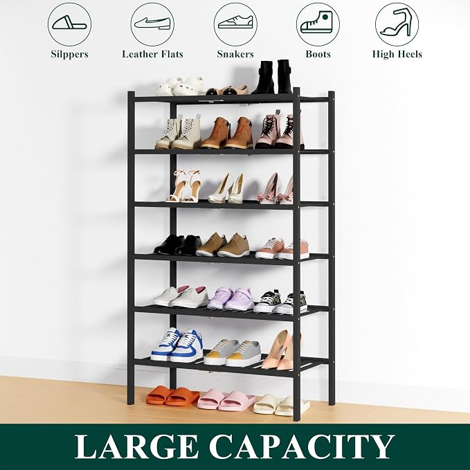 Smiry Bamboo Shoe Rack, 14 Vertical Slats, 6 Tier - 26.8" Wide, Black | Stackable Free Standing Wooden Shoe Organizer, Wood Shoe Storage Shelf for Closet, Entryway, Thicher Leg