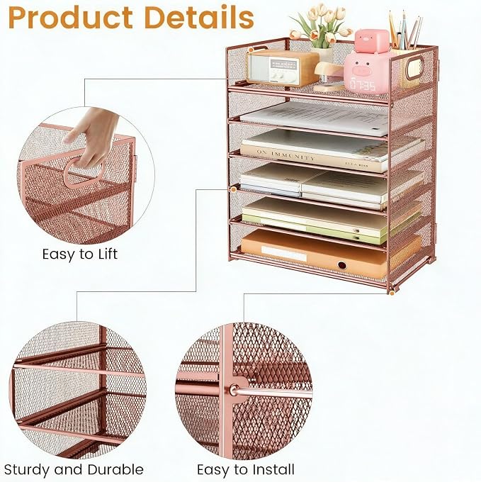 6 Trays Paper Organizer with Handle - Mesh Desk File/Letter Paper Sorter Organizer for Office, Home or School (Rose Gold)
