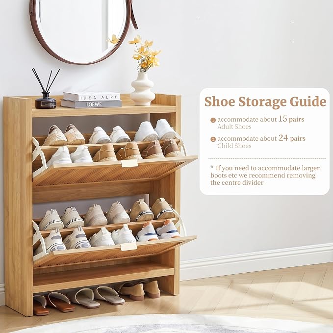 Fluted Shoe Storage Cabinet with 2 Flip Door for Entryway | Farmhouse, Natural color, Adjustable shelves, Tabletop guardrail, Freestanding shoe storage cabinet, for Entryway/hallway