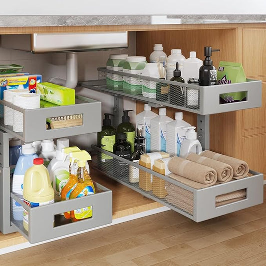2 Packs 21IN Depth Under Sink Organizer, 2-Tier Pull Out Cabinet Organizer With Smooth Circular Rail, Large Capacity Metal Mesh Sliding Drawers For Bathroom& Kitchen Storage,Height Adjustable-Gun Gray