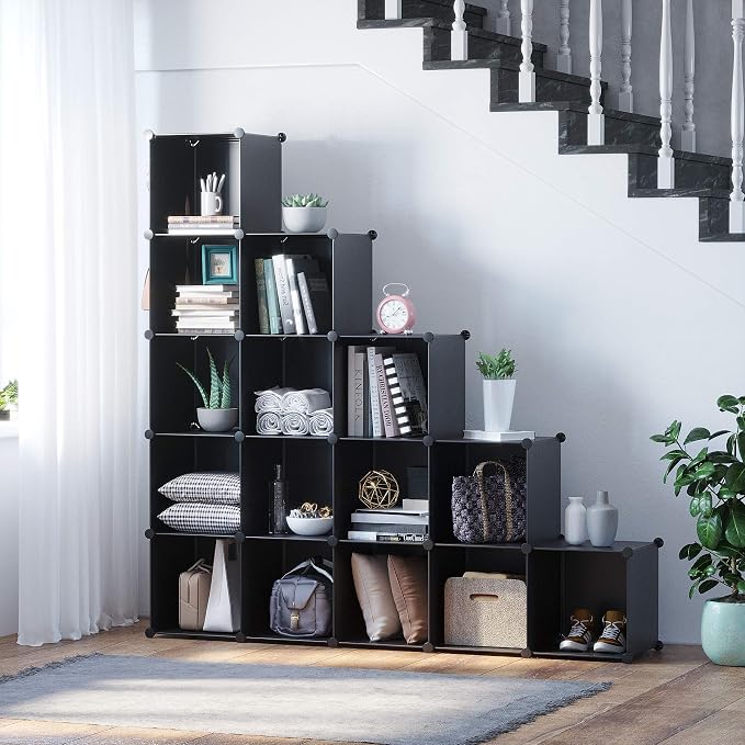 C&AHOME 16 Cube Storage Organizer Cube Shelves Units Storage Cubes, Black | Plastic DIY Closet Organizer, Stackble Modular Closet Storage Shelves Ideal for Home, Bedroom, 48.4" L × 12.4" W × 48.4" H