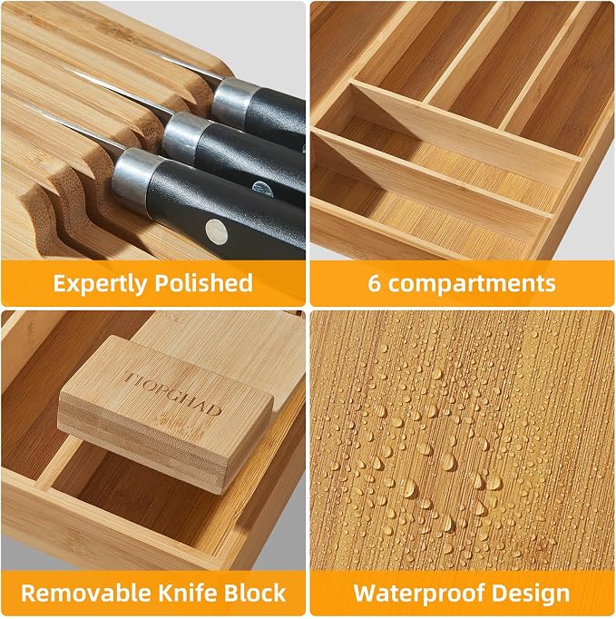 Small Bamboo Silverware Organizer Kitchen Utensil Tray, Natural | Removable Knife Block, Holds 7 Knives, Adjustable Dividers, 15.6 x 12 x 1.8 in, Drawer Insert for Utensils, Forks