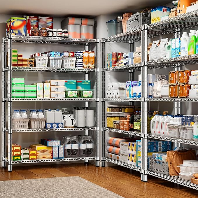 REIBII 5-Tier 1200LBS Metal Shelving, 71" H Adjustable Storage Shelf,Chrome | 19.1mm diameter rods, 240 lbs/shelf, adjustable shelf with leveling feet, tool-free setup,fits kitchen/bathroom
