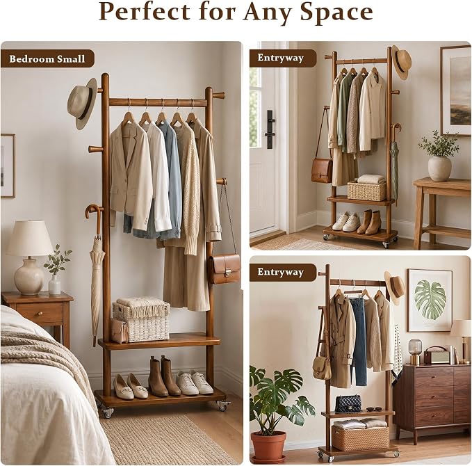 Taitiy Coat Rack Freestanding Solid Wood with Wheels 2 Shelves 5 Hooks | 100% solid rubberwood,hidden 360° silent wheels,2 tier shelves,5 hooks,small clothing rack,entryway bedroom living room