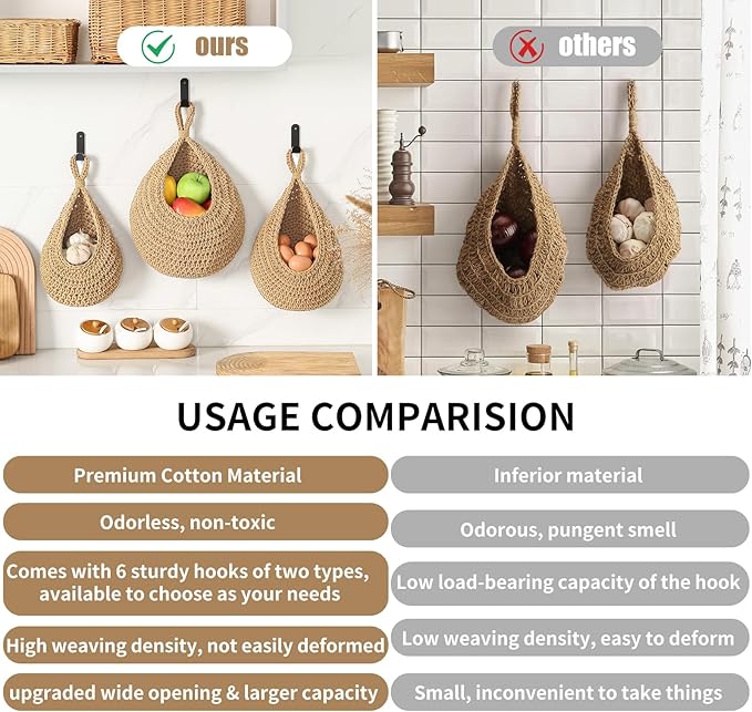 Boho Wall Hanging Fruit Baskets for Kitchen 3 Pack Woven Produce Holder with 6 Pcs Strong Hooks Vegetable Hanging Basket for Organizing Teardrop Home Wall Potato Onion Storage, Linen