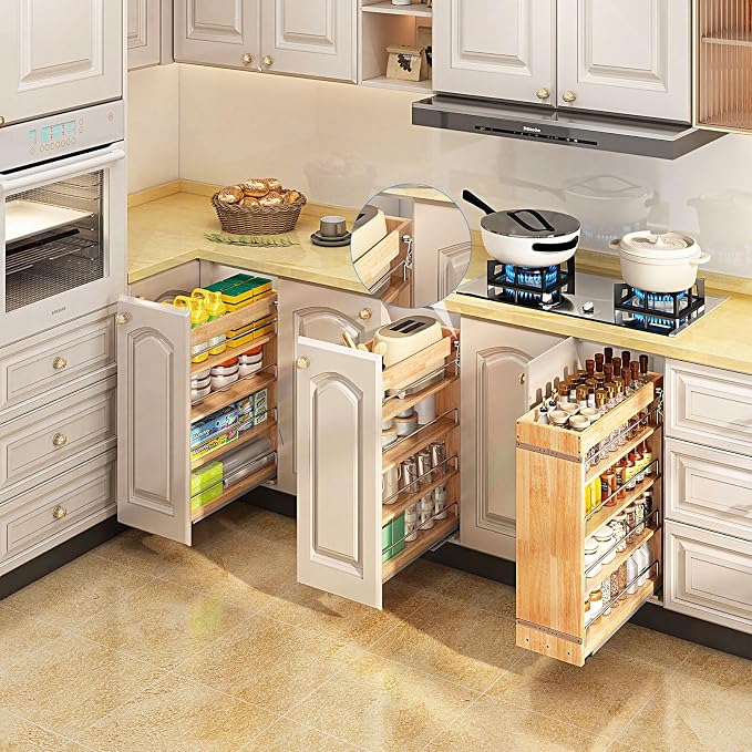 DINDON Pull Out Spice Rack Cabinet Organizer, (8" W x 21.9" D x 25.2" H) Multi-Use Soild Wood Pull Out Cabinet Organizer Slide Out Shelf Sliding Base Cabinet Storage Organization