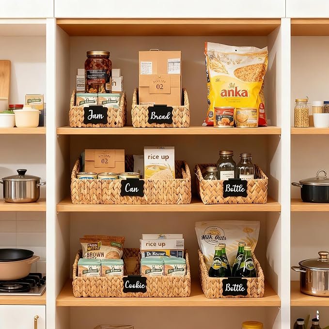 Pantry Baskets and Organizers, Large Wicker Baskets for Shelves, Handwoven Labeled Storage Basket for Organizing with Handles-Water Hyacinth Storage Bins, Boho Decorative, 3Pack, Natural