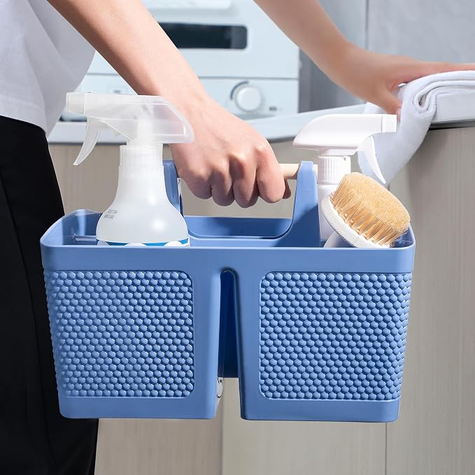 Plastic Shower Caddy, Portable Shower Basket with Handle, Dark Blue | Cleaning Caddy Organizer for Bathroom, College Dorm Room Essentials, Storage Tote
