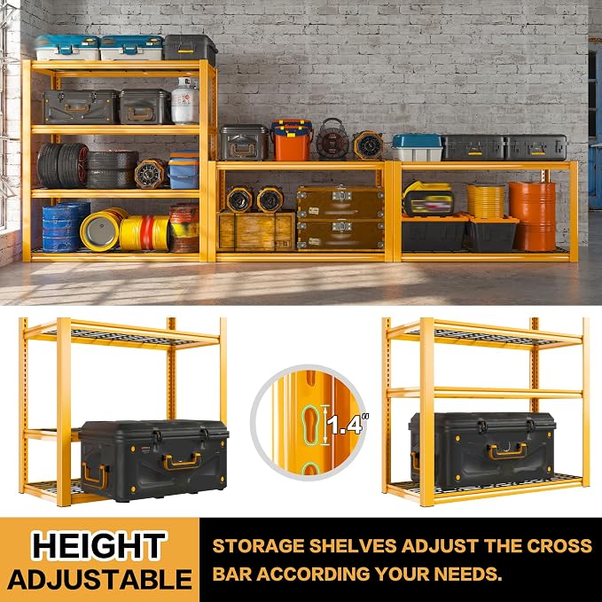 REIBII 40" W Yellow Garage Shelving with Double-Layer Frames for Homeowners | 2240Lbs, Adjustable, 10-Min Easy Assembly, Wire Mesh Panels, for Garage Basement Warehouse Commercial, 40"W×19.5"D×59.5"H, 4P