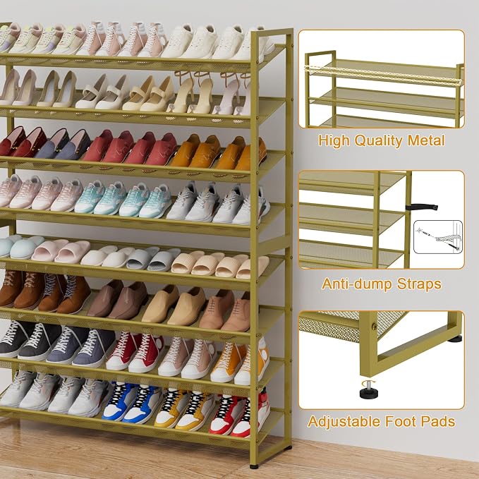 Large Shoe Rack 8 Tier Shoe Organizer, Heavy Duty Metal 4-Tier Stackable Shoe Storage Vertical Shoe Rack for Closet Front Door Entrance, Up to 50 Pairs, 44.8" W x 11.4" D x 56.7" H, Gold