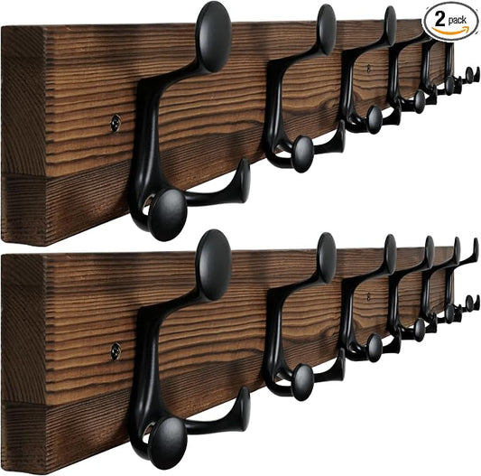 WEBI Coat Rack Wall Mount,36" Solid Wood Coat Hooks Wall Mounted Coat Hanger,16" Hole to Hole,Heavy Duty Hook Rack,6 Triple Hooks for Hanging Coats,Jacket,Hat,Backpack,Farmhouse,Brown,2 Packs