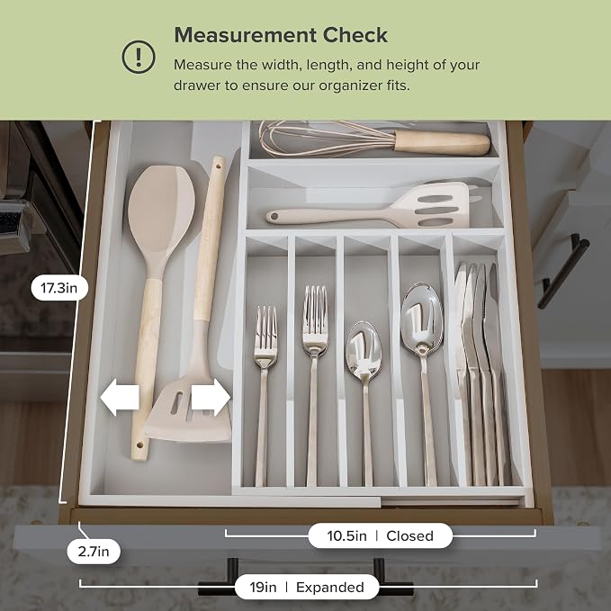KitchenEdge Silverware & Utensil Drawer Organizer, 10.5-19 in, Gray Bamboo | Cutlery, flatware, food-safe contract grade, kitchen drawer fit