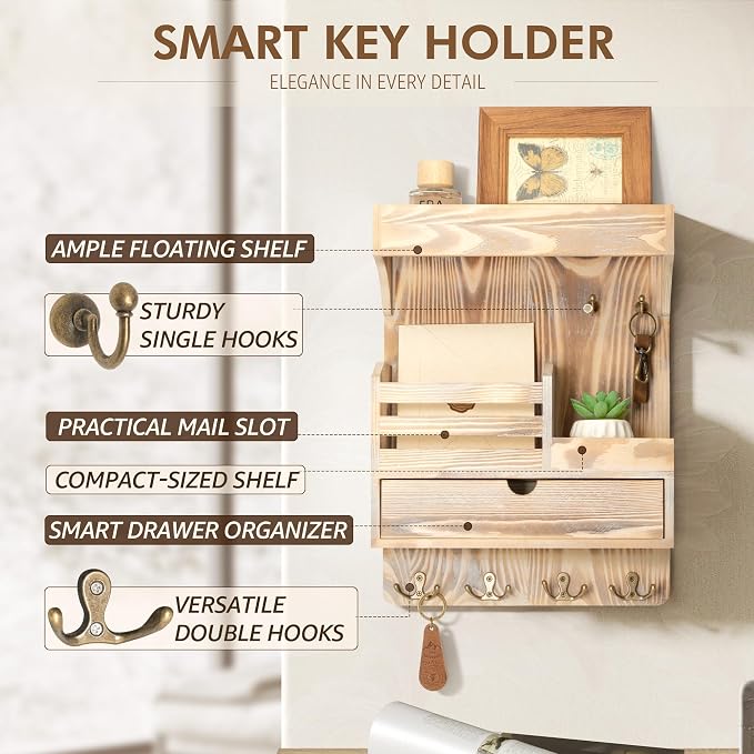 Rebee Vision Key Holder Wall Mount with Drawer for Entryway, Natural Wood | Key Holder for Wall, 6 Key Hooks, Wall Shelf, Drawer Organizer, Mail Sorter, Key Hanger Home Decor, Decorative Home Storage