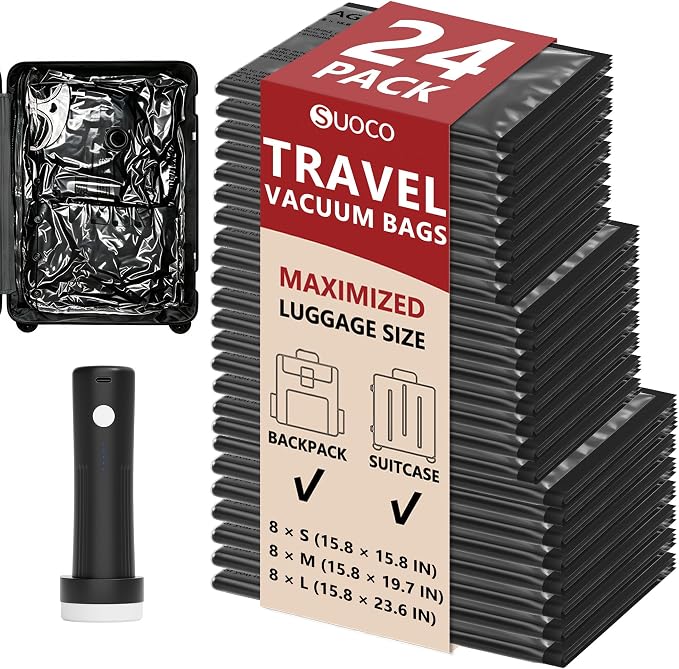 Travel Vacuum Bags for Clothing with Rechargeable Pump 24 Combo, Black | Compression Packing Cubes Organizer Storage for Luggage Suitcase, Space Saver Seal Bags for Vacation Cruise