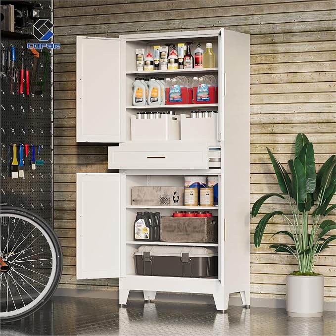 COFaR 71'' Tall Metal Pantry Cabinet with Drawer, Kitchen Storage Cabinet with 4 Doors and Shelves, Freestanding Farmhouse Food Cupboard for Kitchen Dinning Room Garage, White 6-Tier