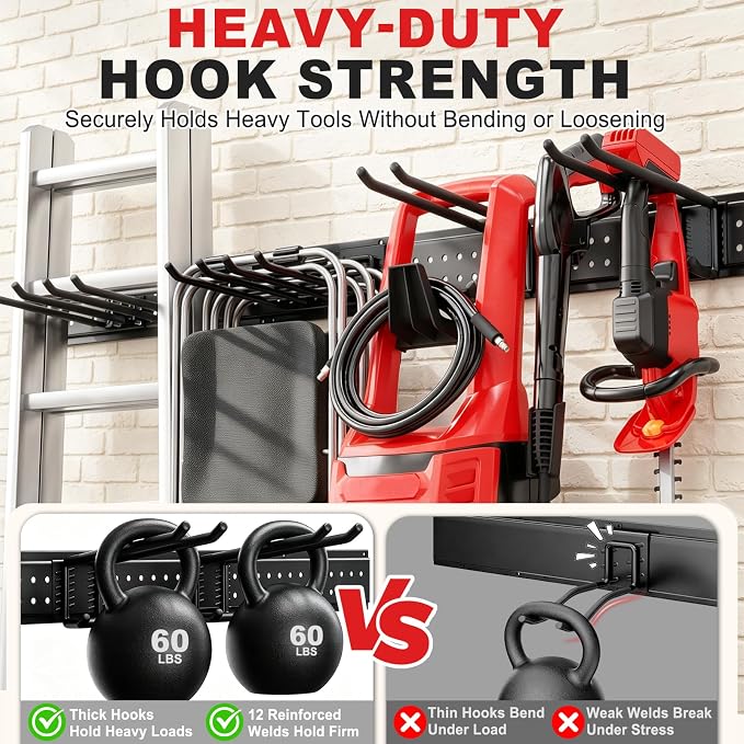 Garage Tool Organizer Wall Mount 99 inches with 18 Adjustable Heavy-Duty Hooks, Garage Organization, Garden Tool Storage Rack, Yard, and Shed, Holds Up to 750 lbs