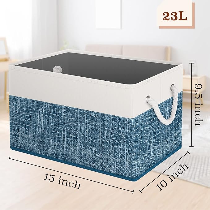 StorageTastic Storage Bin,Collapsible Storage Basket | For Organizing,Large Storage Boxes With Rope Handles,Storage Containers,White & Blue,2 Pack