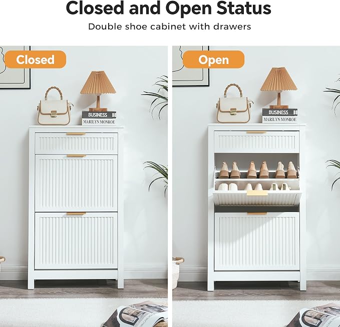 2 Flip Drawers Shoe Cabinet Storage for Entryway, Narrow Shoes Organizer Cabinet for Front Door Entrance, Free Standing Hidden Wooden Hallway Shoe Rack(White)