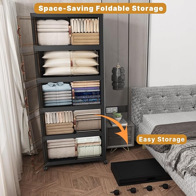 Stackable Storage Bins with Lids, 840QT Closet Organizers and Storage Cabinet with Doors & Wheels, Lockable Plastic Foldable Drawers for Bedroom Dorm Office Garage（168QT*5,Black）