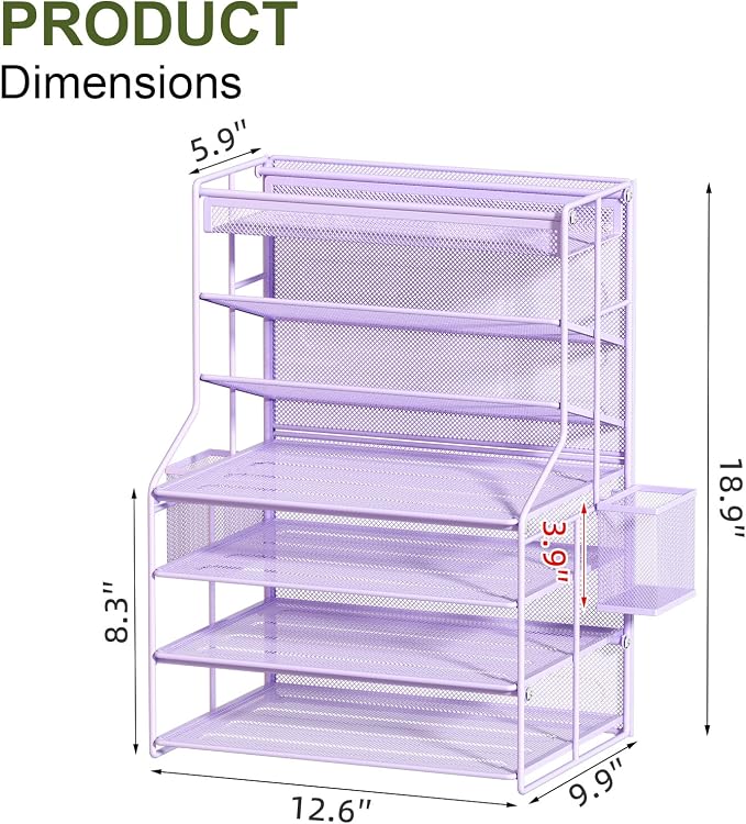 Purple 7 Tier Desk File Organizer, Metal Letter Tray Paper Organizer with Pull-Out Drawer, Removable Pen Holder & Hanging Basket, Vertical Desktop File Holder for Home Office, Classroom