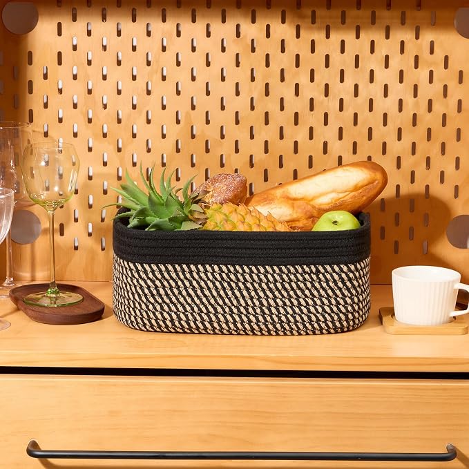 MiniArk Small Storage Baskets for Organizing | Closet Organizer Bins | Shelf Toy Basket | Woven Rope Baskets | Cube Decorative Box | Shallow Basket | 13x8.5x5.1” | 3 Packs Black Brown