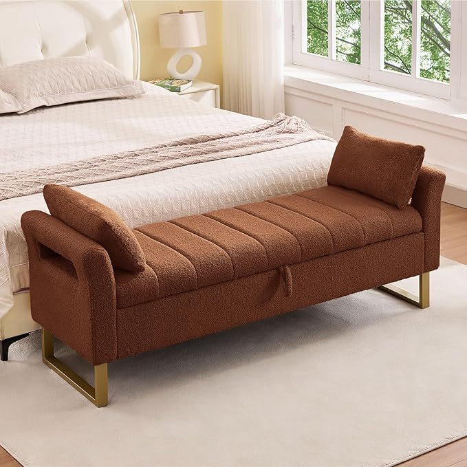 66" Storage Bench for Bedroom Upholstered End of Bed Bench King Size Brown | Long Bedroom Benches for Foot of Bed King,Teddy Storage Bed Bench with Gold Legs,2 Pillows for Entryway Windows Cloakroom