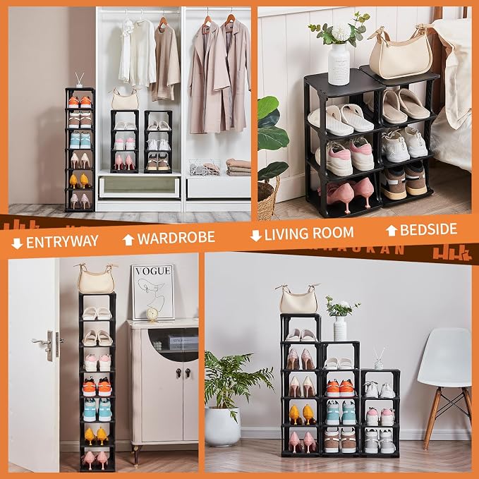 5 Tiers Vertical Shoe Rack, Narrow Free Standing Shoe Storage Organizer for Entryway and Small Closet, Stackable Shoe Holder Shelf Stability DIY, Black
