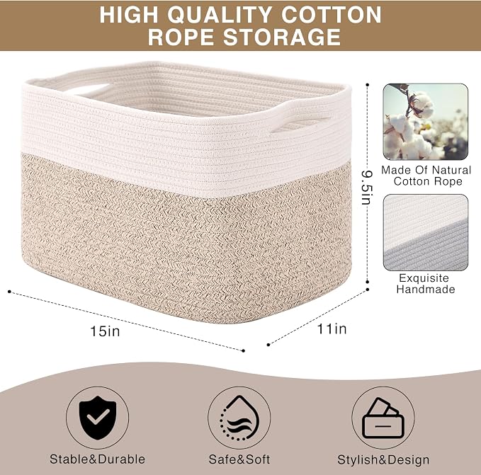 ICERZCZ Storage Baskets for Organizing, Woven Cotton Rope Basket for Storage Books, Baby Organizing Baskets, Toy Storage Basket, 15"x11"x9.5", 3 Packs, Off White & Brown