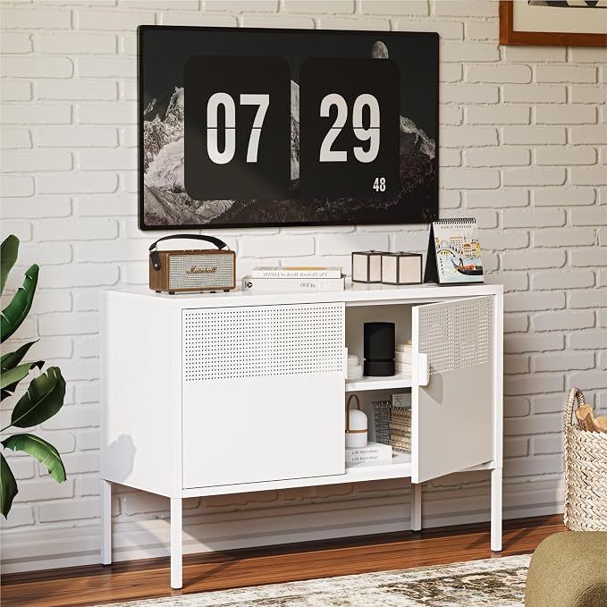 COFaR TV Stand for TVs up to 75 Inch, 40''L Media Console with Ventilation Doors, Metal Entertainment Center with Adjustable Shelves & 120Lbs Storage for Living Room & Bedroom, White