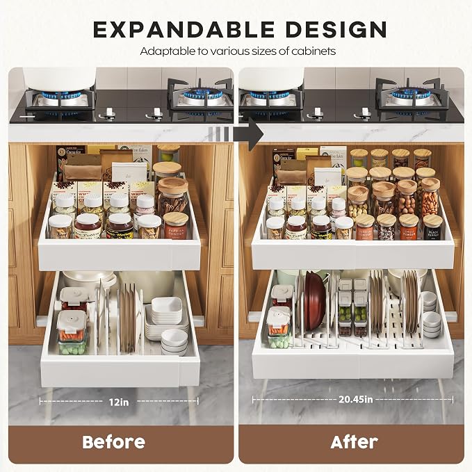 Seinloes 6 Pack Pull Out Cabinet Organizers 21" Deep With Raising Pad for Framed Cabinets, Expandable Slide Out Drawers with 4pcs Divider Racks, Roll Out Shelves, Adjustable Width 12"-20.45" White