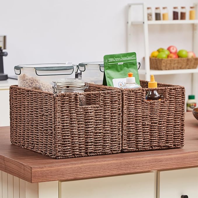 Vagusicc Wicker Storage Basket, Set of 2 Hand-Woven Paper Rope Wicker Basket, Small Storage Baskets for Organizing Toilet Paper Basket, Foldable Large Cube Storage Organizer Bins for Shelves (Brown)