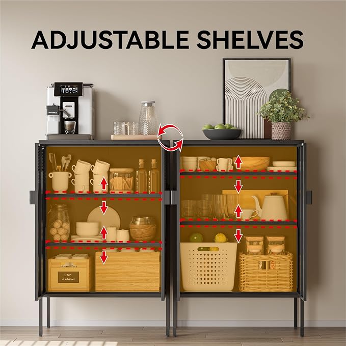 COFaR Black Metal Cabinet with Adjustable Shelves, 47”H Industrial Buffet Sideboard & Coffee Bar Station, Ventilated Steel Storage Cabinet with Magnetic Doors for Kitchen, Office, Living Room