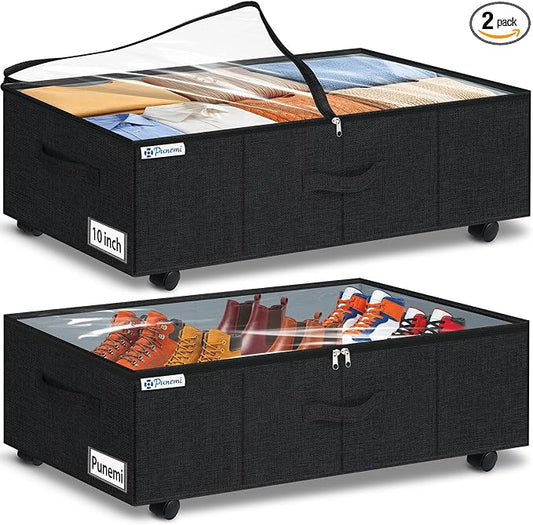 punemi 10 inch Tall Under Bed Storage Bins with Wheels, 2-Pack, Black | Clear Lids,360° Wheels,for Clothes, Shoes, Blankets & Bedding, Closet, Shelf & Dorm Organization