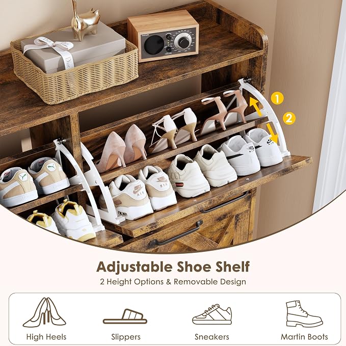 Nicetree Shoe Cabinet Storage for Entryway, Freestanding Shoe Storage Cabinet, Farmhouse Narrow Shoe Rack Cabinet for Entryway, Foyer, Hallway, Shoe Cabinet 4 Flip Drawers