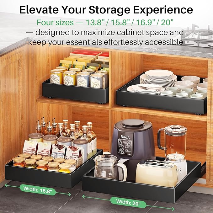 2Pack Pull out Cabinet Organizer, 21"Deep, Heavy Duty Full-extension Slide out Drawers for Kitchen Cabinet, Roll out Shelf Storage with Nano Adhesive for Pots,12"W x 21"D x 3.1"H, Black