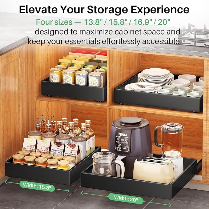 2Pack Pull out Cabinet Organizer, 21"Deep, Heavy Duty Full-extension Slide out Drawers for Kitchen Cabinet, Roll out Shelf Storage with Nano Adhesive for Pots,17"W x 21"D x 3.1"H, Black