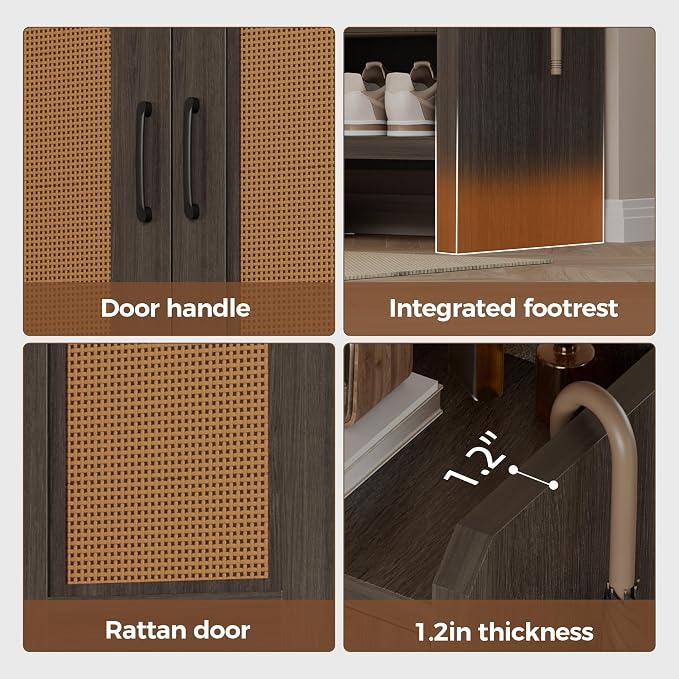 6-Tier Shoe Cabinet Storage for Entryway, Rattan Shoes Organizer Cabinets with Doors, Wooden Shoe Rack, Farmhouse Boho Wood Storage Cabinet (Black, 6-Tier)