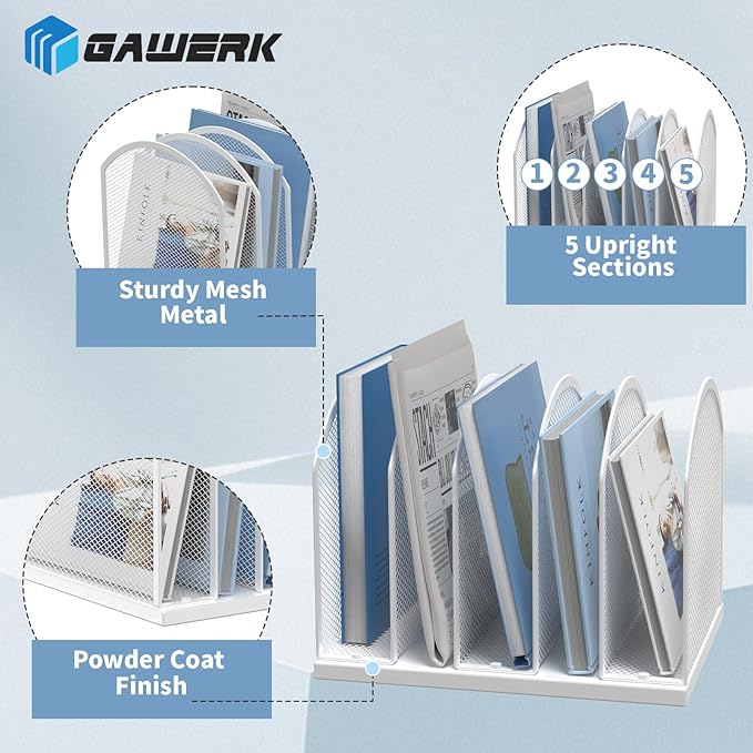 Gawerk 5-Section Vertical Desktop Organizer, 6-Section Mesh File Folder Stand Sorter for Office Home Classroom Organization