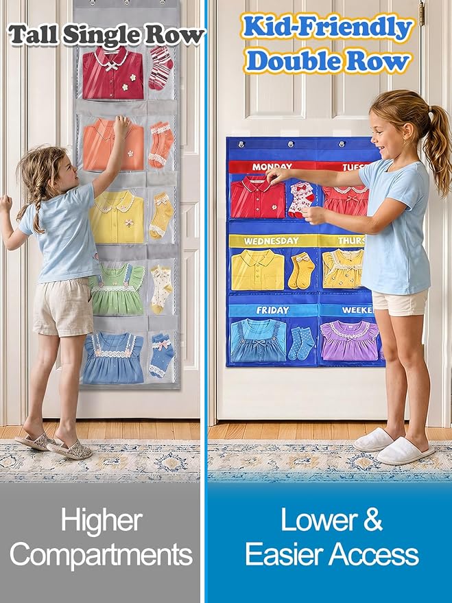 Alphatool 2 Pcs Weekly Clothes Organizer Hanging Closet Storage for Kids | 37" x 28" Large Capacity, Monday to Weekend Labels, Over Door / Wall Mount for School Outfits and Kids Room Organization