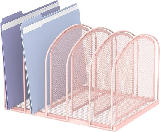 SUPEASY 5-Section File Organizer for Desk, Metal File Folder Holder, Pink | 5 Vertical Compartments with Sturdy Metal Base for Office Documents Books Magazines and Laptop